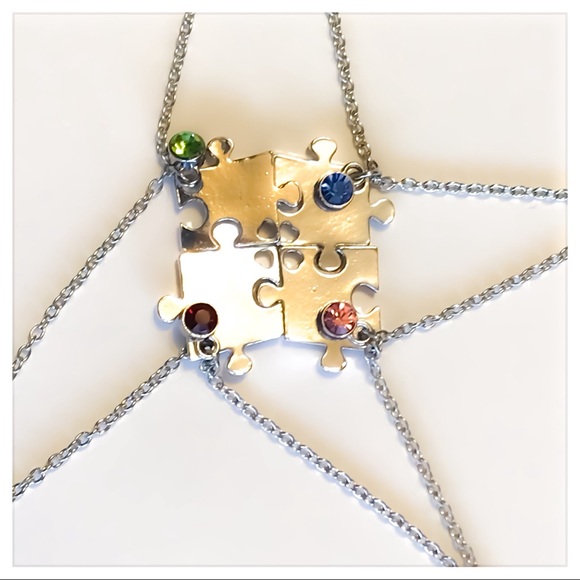 4 PUZZLE PIECE FRIEND NECKLACE w\ BIRTHSTONE - Picture 3 of 6
